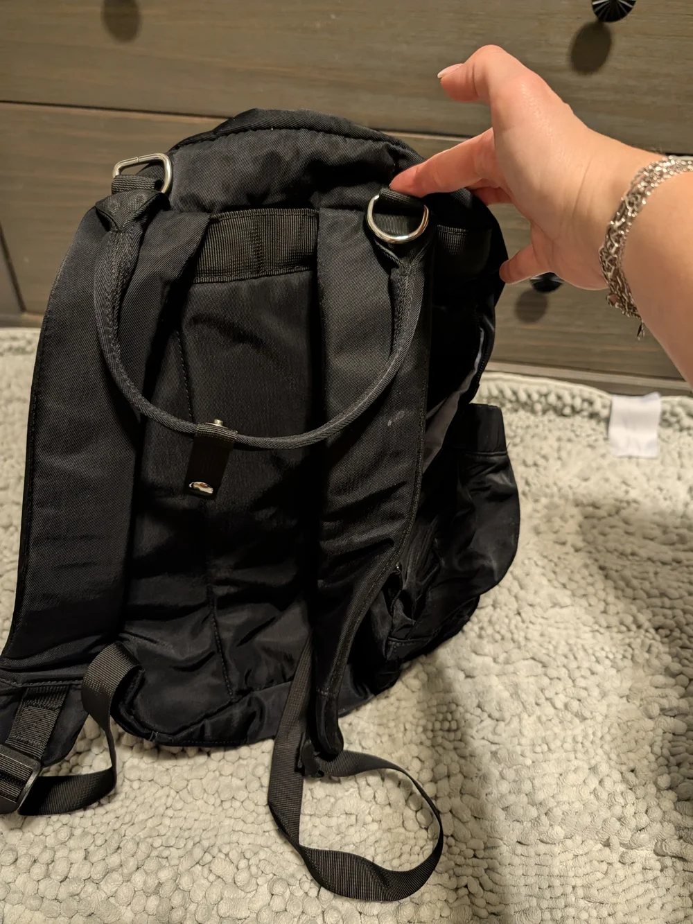 Baby Bag Black Nylon Backpack with Tan Accents